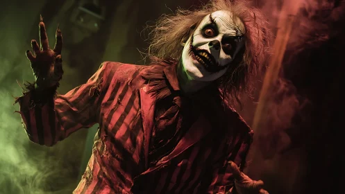 Grotesque clown figure in tattered striped suit under colored fog