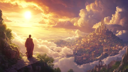 Epic fantasy vista with robed figure and cloud city composition.