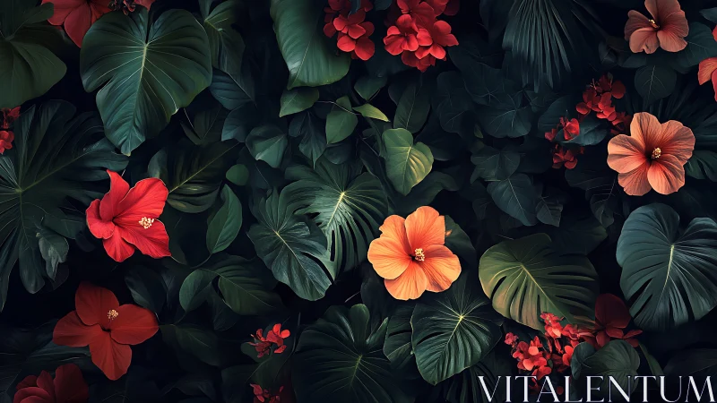 Tropical garden blooms amid lush dark green foliage.