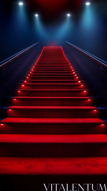 Red carpet staircase under dramatic stage lighting.