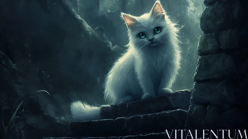 Ethereal White Kitten in Mystical Stone Chamber.