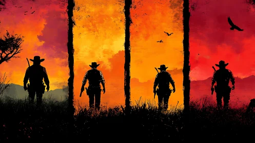 Cowboy silhouettes stride across blazing sunset triptych.