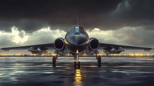 Sleek military jet on wet runway under storm clouds.