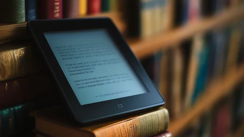 E-reader with illuminated e-ink display rests on stacked hardback books