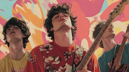 Colorful indie band lost in music against dreamy backdrop.