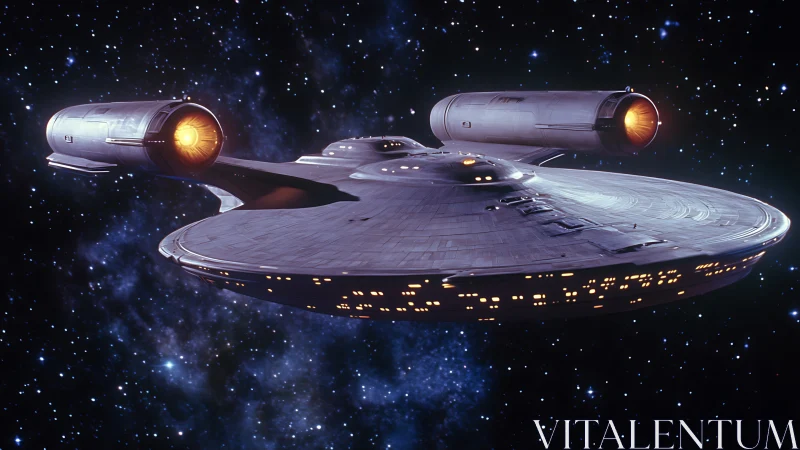 Futuristic disk-shaped starship with twin engines in space.