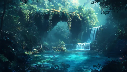 Hidden forest lagoon with glowing turquoise waterfall magic.