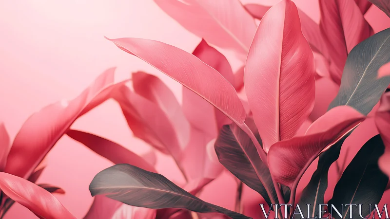 Soft pink tropical leaves glowing in gentle dreamy light.