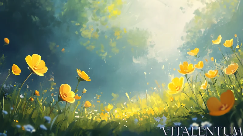 Golden meadow blossoms under soft atmospheric backlight.