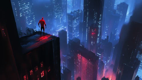 Silhouetted figure on rooftop above dense neon cityscape.