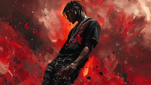 Brooding hip hop figure leans into swirling red energy storm