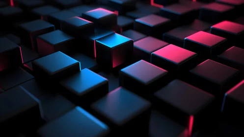 Futuristic black cubes with neon blue and pink lighting, digital art.