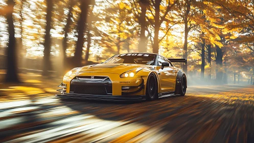 Yellow tuned sports car on forest road in autumn light.
