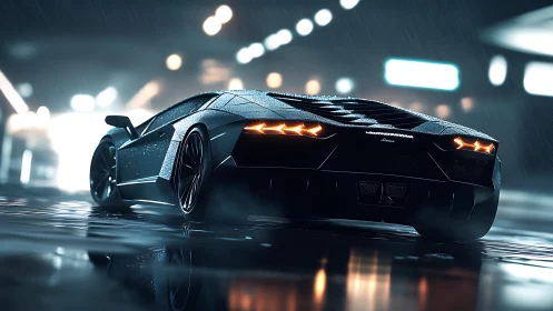 Low-angle hypercar rear in rainy neon-lit urban underpass