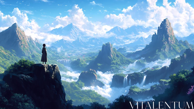 Solitary dreamer surveying mist crowned valley kingdoms.