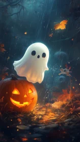 Whimsical ghost and jack o lantern in moody forest scene.