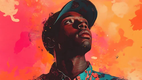 Portrait of young man in cap against bright abstract backdrop