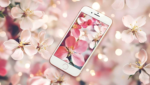 Smartphone among pink cherry blossoms with soft bokeh glow