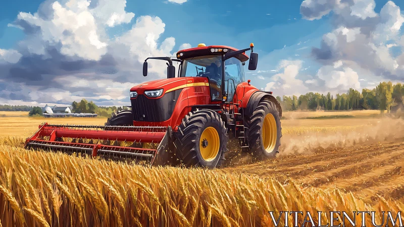 Modern red combine harvester cutting ripe wheat under clouds