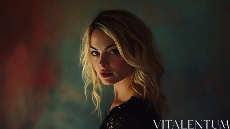 Side-lit portrait of woman against dark blurred backdrop.