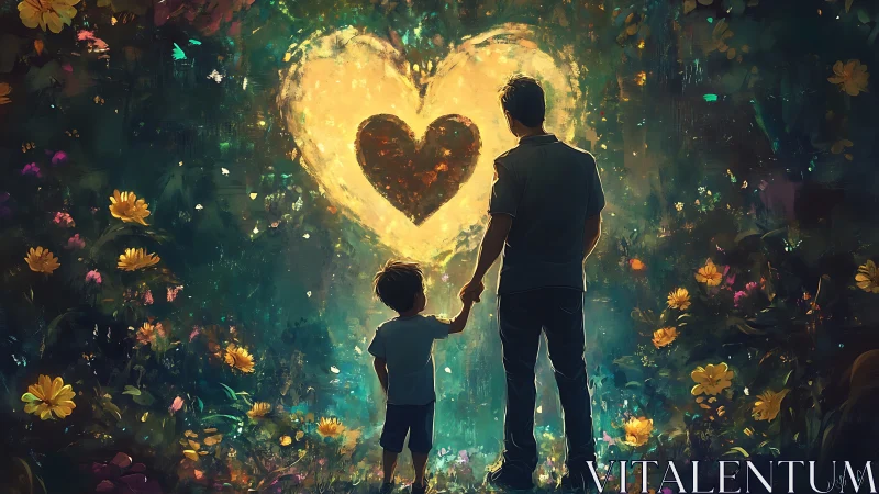 Adult and Child Silhouettes Gazing at Luminous Heart Shape Within Floral Garden Setting