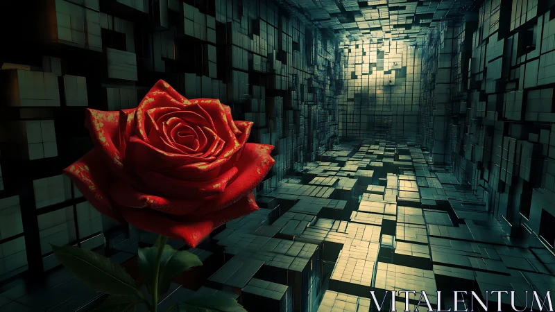 Red rose in geometric metallic corridor with receding depth.