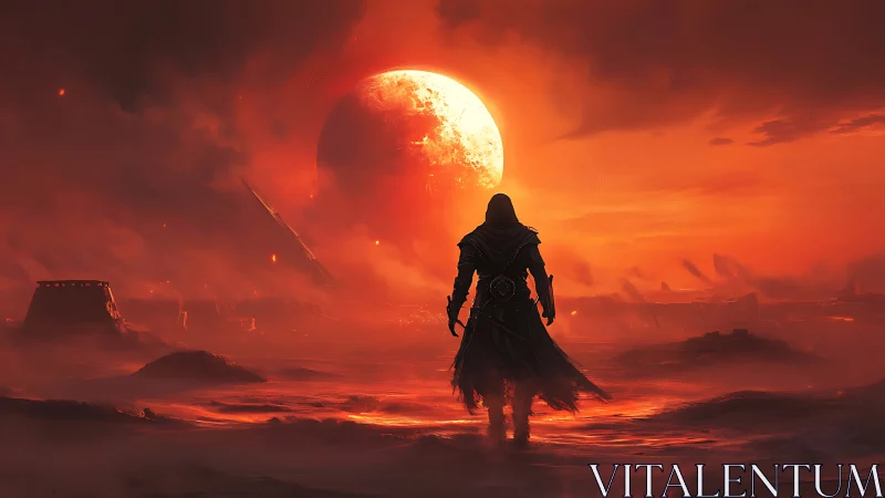 Lone cloaked wanderer walks toward a burning red eclipse sky