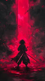 Silhouetted swordsman stands before vertical red light column
