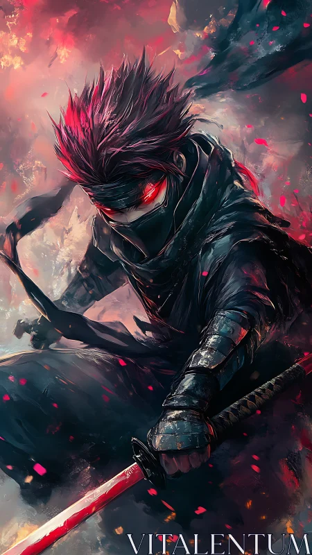 Ember‑eyed shadow warrior carves light through stormfire