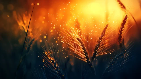 Backlit wheat heads with particle-like bokeh at sunset.