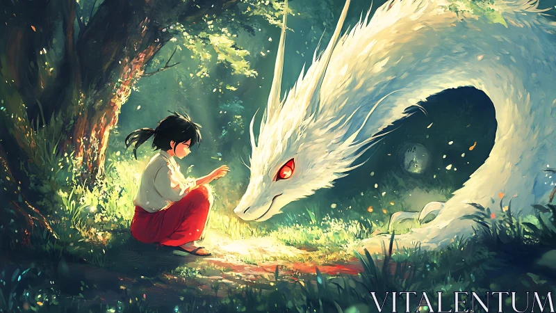 Child and luminous forest dragon in ethereal anime light.
