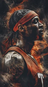 Intense basketball portrait ignites with blazing dynamic energy.