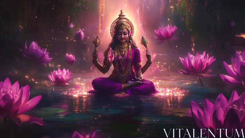 Radiant goddess in lotus pond glowing with serene magic.