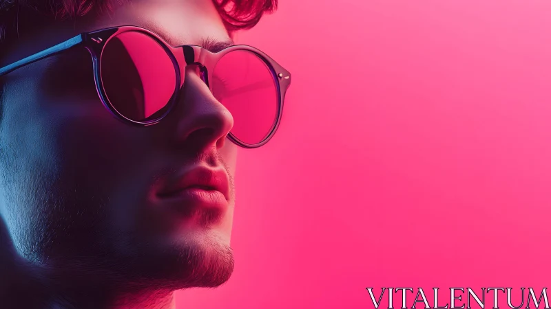 Stylish man in sunglasses with neon pink lighting, modern portrait.