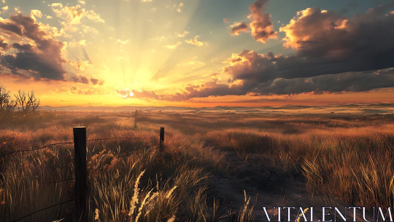 Sunlit prairie path under radiant golden sunset sky.