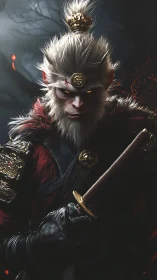 Mythic simian warrior portrait in cinematic low key lighting.