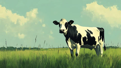 Holstein cow stands in sunlit summer pasture under sky