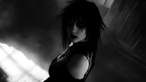 Moody gothic girl standing in shadow and silver light.