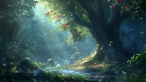 Enchanted Gorge: Where Crimson Flowers Dance Through Emerald Caverns