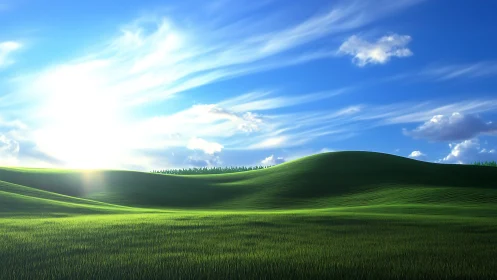Sunlit digital hills render expansive luminous grassland