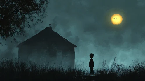 Silhouetted child studies eerie house beneath full moon.
