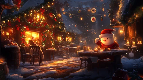 Snowman Santa savors cocoa in lanternlit winter market.