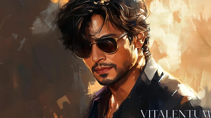 Cinematic digital portrait of man in sunglasses, warm bokeh field.