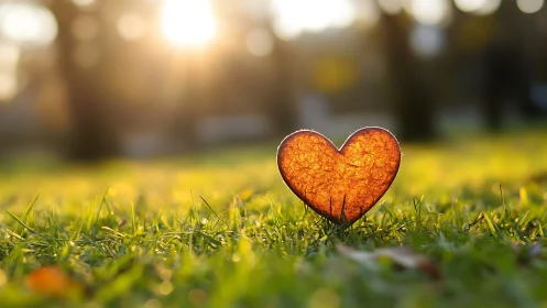 Red Heart on Grass at Sunset.