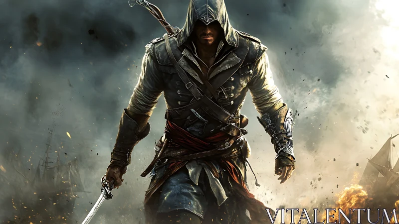 Hooded rogue swordsman advancing through burning battlefield fog