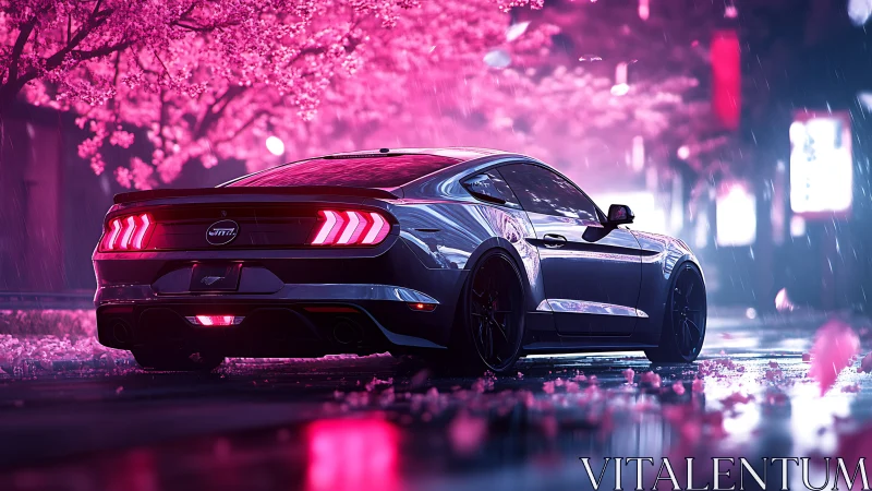 Neon-lit sports coupe under cherry blossoms in rainy night street