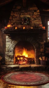 Rustic Stone Fireplace with Active Fire and Holiday Wreath Decor