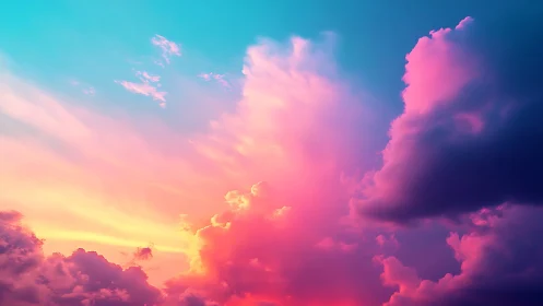 Multicolored evening sky with dense illuminated cloud forms.