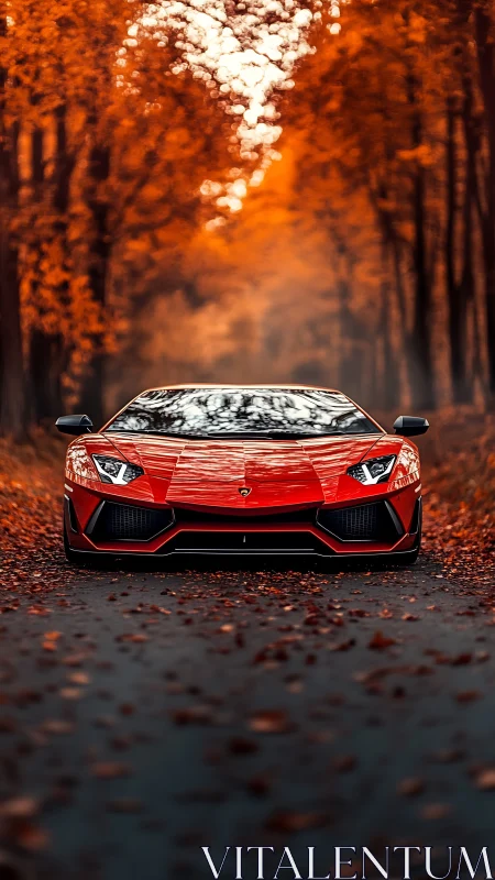 Red supercar parked on forest road in autumn light.
