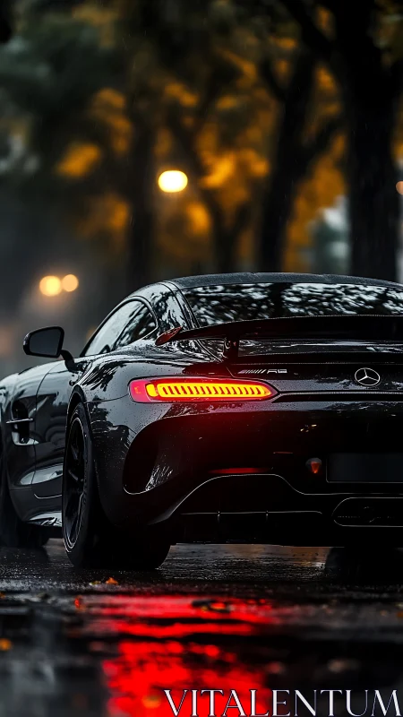 Rear view shows parked black coupe on wet city street